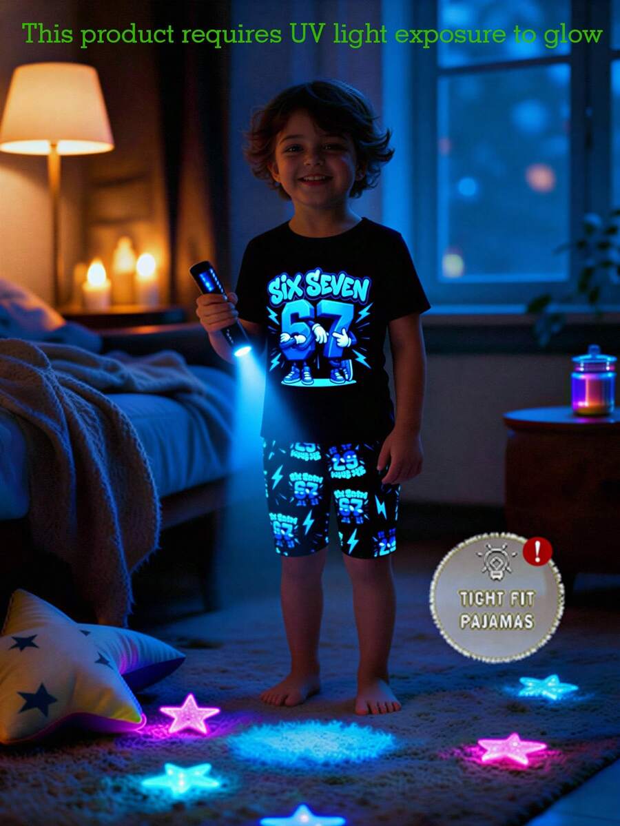 1set Young Boys Glow-In-The-Dark Graphic Number 67 Print Short Sleeve Snug Fit Pajama Set, Includes Shirt And Shorts - Black - View 1
