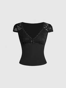 Grunge Punk Women's Sexy Black V-Neck Contrast Lace Slim Fit T-Shirt - Black - View 1