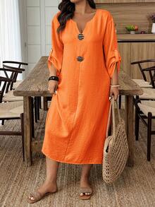 Weeklong Plus Size Women V-Neck Casual Party Dress Fall - Orange - View 4