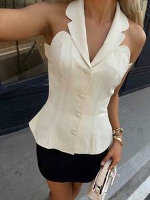 Mulvari Áo blazer nữ màu mơ dệt kim không tay, cổ yếm, eo xếp ly, dáng chữ A, cài cúc, thanh lịch, lãng mạn, thích hợp cho mùa xuân/hè. - Màu be - Xem 6