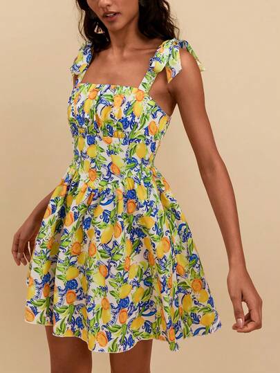 Travachic Women's Vacation Lemon Print Tie Shoulder Strap Short Dress,Bohemia,Werstern,Tropical Parrot Pattern,Suitable For Summer Vacation,Summer Dress,Summer Outfits,Summer Dresses For Women,Beach Outfits For Women,Beach Vacation Outfits For Women,Vacation Outfits Women, Casual Dresses For Women,2026 Summer New Arrivals