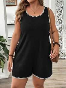 EMERY ROSE Plus Size Women's Summer Vacation Style Contrast Color Shell Flower Crafted Round Neck Casual Jumpsuit With Pockets, Suitable For Travel, Vacation, Summer And Daily Wear - Black - View 7