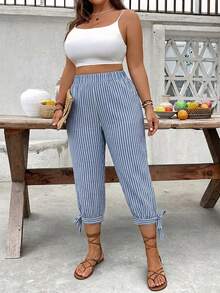 EMERY ROSE Plus Size High Waist Drawstring 7/8 Pants, Spring/Summer - Blue and White - View 6