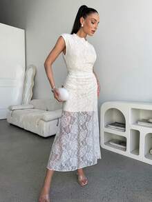 Lavishia 女士无袖白色蕾丝连衣裙，优雅适合派对、外出、婚礼季 - 白色 - 查看 4