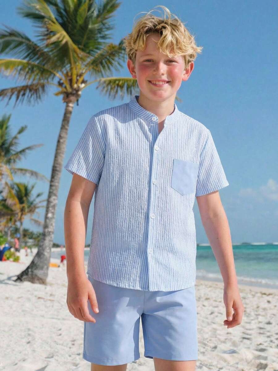 SHEIN 2pcs/Set Tween BoysWhite Shirt With Contrast Floral Pattern, Loose White Pants With Contrast Pattern, And Ribbon Decor - Blue - View 1
