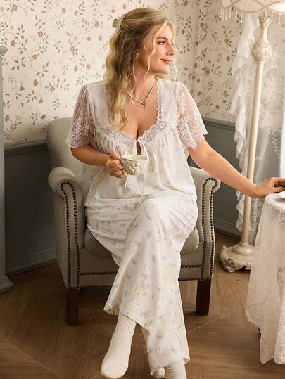 CottageSlumber 梭织碎花蕾丝拼接短袖长裤加大码睡衣套装