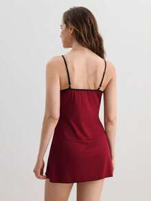 Hourtrue Contrast Lace Bow Front Cami Pajama Nightdress - Burgundy - View 2
