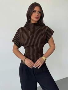 Firerie Brown Base White Pinstripe Summer Ruched Collar Asymmetrical Sleeve Side Ruched Waist Slim Fit Office Lady Shirt, Versatile All Season - Rust Brown - View 3