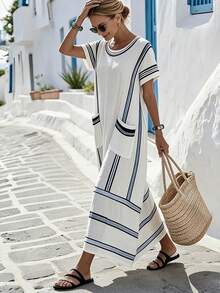 SHEIN Holidaya Đầm maxi ngắn tay in họa tiết hình học dành cho nữ, dáng rộng, có túi, thích hợp cho các bữa tiệc ngày lễ, mặc thường ngày, kỳ nghỉ biển: ven biển, bãi biển, tiệc bể bơi, du lịch đảo; mặc thường ngày: mua sắm, trà chiều, đi chơi cuối tuần, đi làm. - Màu xanh lam - Xem 5