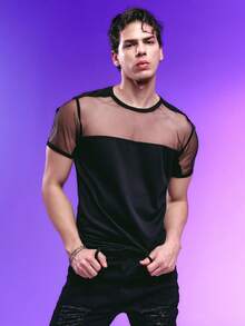 DSELFIQUE Men's Solid Color Mesh Splice Round Neck Short Sleeve Casual T-Shirt - Black - View 9