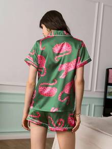 Chillnights Young Leopard Print Satin Robe & Pajama Set For Women - Multicolor - View 2