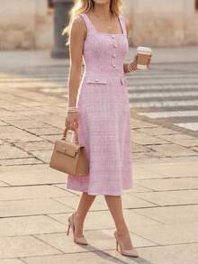 Editum 女士粉色提花针织格子无袖中长连衣裙，百搭优雅，适合通勤 - 粉色 - 查看 8
