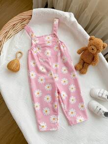 Newborn Baby Girl Cute Versatile Pink Floral Pattern Bib Overalls, Autumn/Winter - Pink - View 4