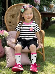 Cute Floral & Striped Pattern Young Girl Casual Minimalist Round Neck Short Sleeve T-Shirt, Suitable For Spring/Summer - Multicolor - View 4