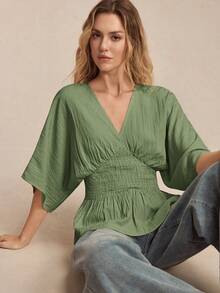 BizChic 春夏新款纹理竖条纹褶皱蝙蝠袖松紧腰显瘦荷叶边下摆女式衬衫，复古学院风，百搭夏季穿着，也适合复活节、圣帕特里克节等场合。 - 綠色 - 查看 1