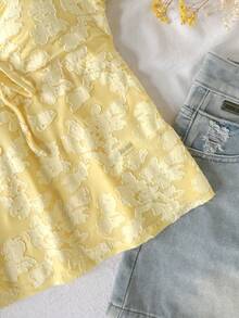 SHEIN Tween Girls' Jacquard Knotted Ruched Casual Versatile Daily Wear Blouse - Yellow - View 7