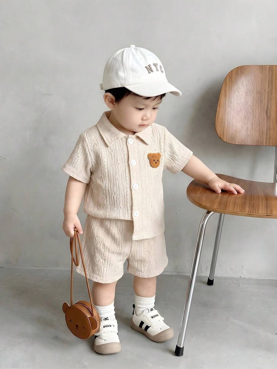 Vintaside Kids 男婴两件套衬衫短裤套装，乡村风格，纹理面料，舒适柔软，百搭休闲装 - 杏色 - 查看 1