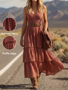 LanaWest New V-Neck Spaghetti Strap Layered Ruffle Hem Western Style Dress - Pink - View 1