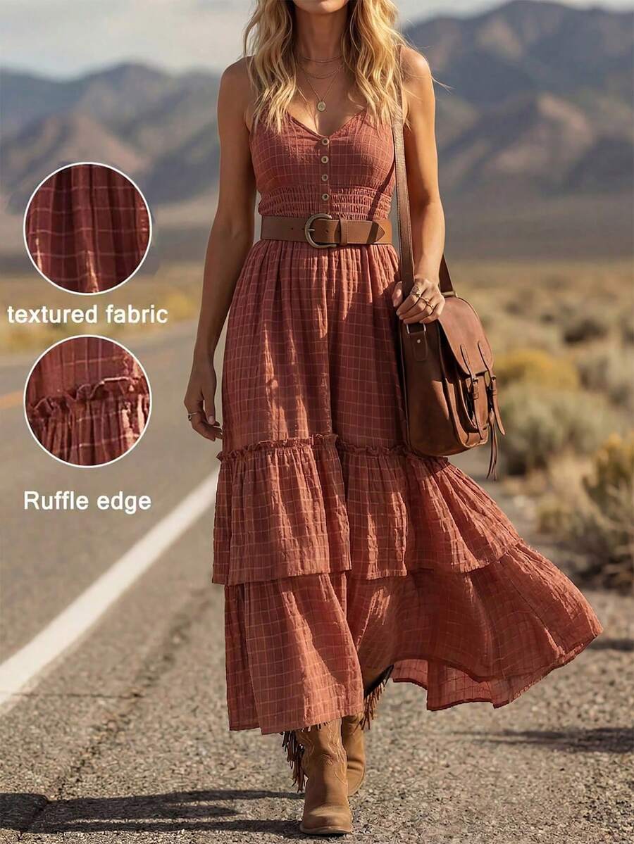 LanaWest New V-Neck Spaghetti Strap Layered Ruffle Hem Western Style Dress - Pink - View 1