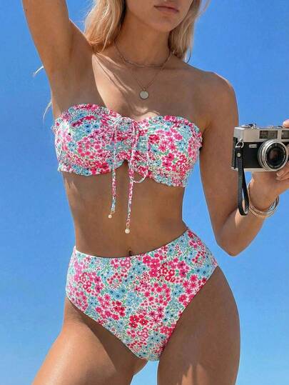 SHEIN Swim Women's Summer Beach Vacation New Cute Strapless Ruffled Ditsy Floral Patterned Bikini Set Set With Delicate Pearl Pendant & Drawstring Tie