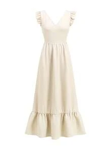 SHEIN Clasi 女款優雅V領收腰後背蕾絲荷葉袖A字洋裝，適合度假、夏季、海灘、通勤、約會、時尚場合 - 杏色 - 查看 6
