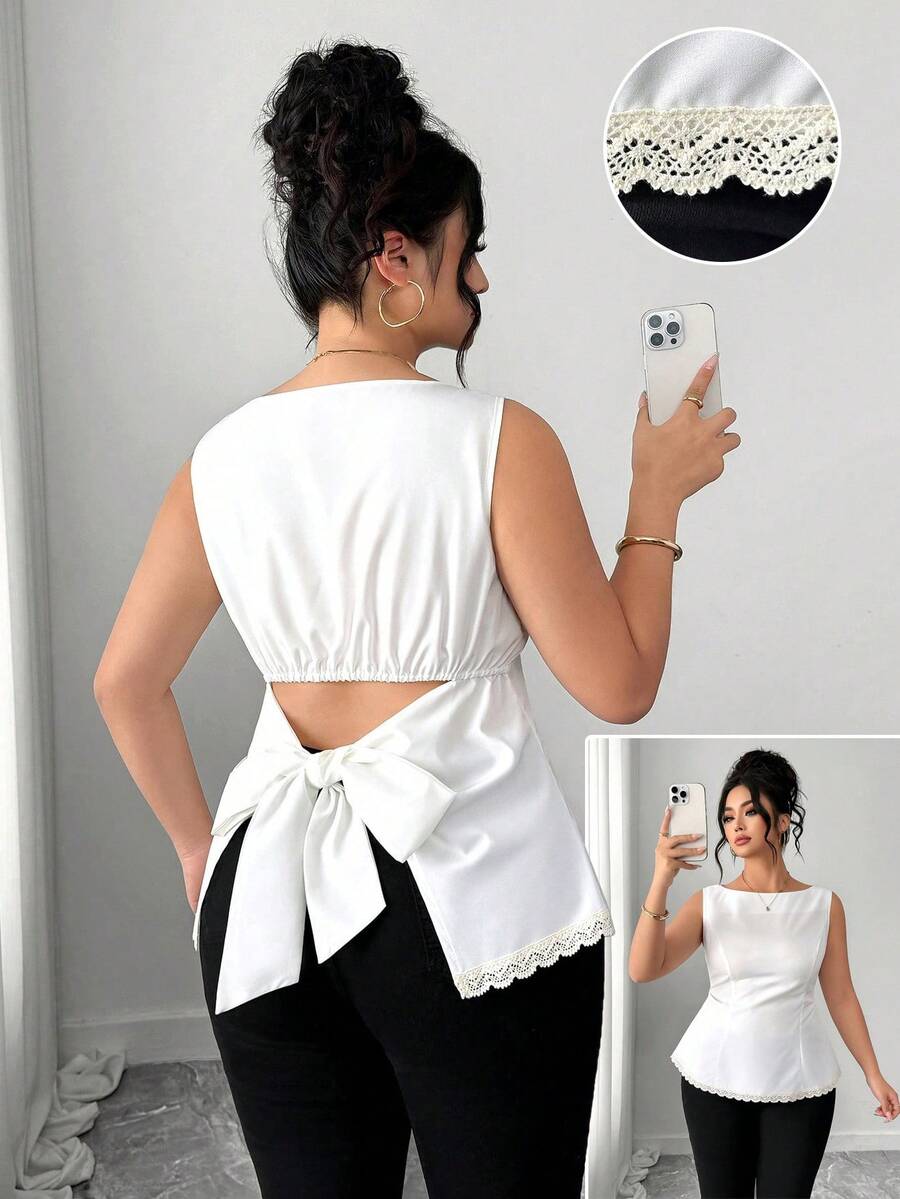 Elenzga Plus Size Women's Round Neck Sleeveless Back Tie Solid Color Lace Trim Elegant Blouse - White - View 1