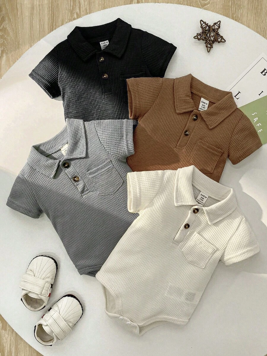 SHEIN Playful Pals 4件裝嬰兒男/女童夏季華夫格面料短袖POLO連身褲 黑白條紋休閒款 親子套裝 日常戶外玩樂派對穿搭 - 彩色 - 查看 1