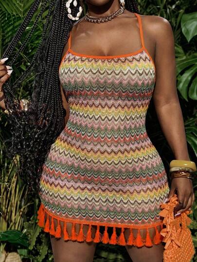 Slaydiva Colorful Wavy Knit Fabric Sleeveless Criss-Cross Back Tassel Hem Mini Dress, Suitable For Summer Vacation, Music Festival, Valentine's Day, Easter, Wedding, Casual, Elegant, Work, Daily Wear, Cruise Party, Basic &
