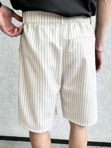 Manfinity Hypemode Men's Off-White Striped Pleated Double-Button Loose Casual Shorts,Wide Leg Streetwear For Summer,City Break,Music Festivals,Parties & Weekend Outings - Beige - View 2