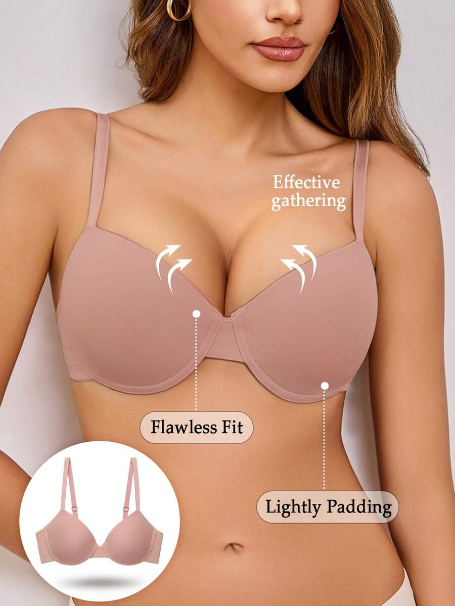 SHEIN 女士简约纯色钢圈文胸 - 藕粉色 - 查看 1