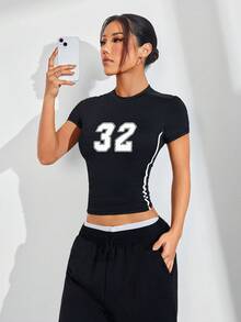 Dewbera Dewbera 女士瑜伽健身运动T恤，修身通勤休闲款，侧边白色条纹，性感舒适通勤户外跑步修身侧网面料短袖上衣 - 黑色 - 查看 4