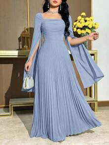 Modelyn Women's Solid Color Pleated Split Long Sleeve Elegant Dress - Blue - View 7