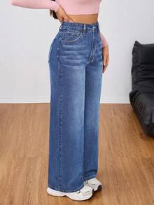 Rivivi Women's Solid Color Pocket Button Zipper Casual Denim Jeans - Medium Wash - View 5