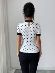 Women's Retro Elegant Polka Dot Print Contrast Color Short Sleeve T-Shirt, Suitable For Daily Wear And Commuting - White - View 2