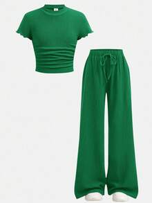 SHEIN Tween Girl Shades Of Green 2 Piece Sets Outfit,Textured Knit Side Ruched Mock Neck Short Sleeve Top And Wide Leg Pants,Summer Casual Vacation Clothes - Green - View 4