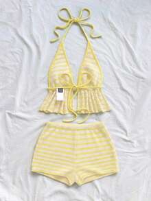 Conjunto de 2 piezas de top halter sin espalda y shorts a rayas para vacaciones casual de mujer - Amarillo claro 2 - Ver 2