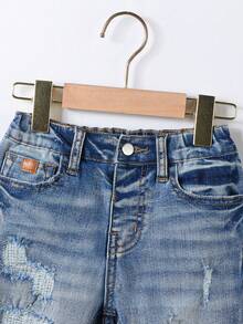 男童休闲牛仔短裤，松紧腰带，做旧刺绣，酷炫百搭，弹力修身，水洗蓝色牛仔七分裤 - 淺色水洗藍 - 查看 6