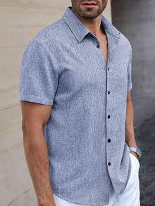 Manfinity Homme Manfinity CasualCool Men's Linen Striped Short-Sleeved Shirt For Daily Commute In Summer - Baby Blue - View 5