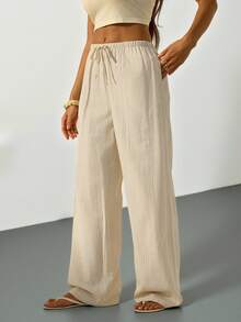 SHEIN Tall Quần ống rộng dáng suông kẻ sọc bằng cotton, cạp chun, thích hợp cho nữ đi làm hàng ngày và đi nghỉ mát, du lịch, phong cách thường ngày, Y2K, mùa hè, xuân, ngày Valentine. - Màu be - Xem 4