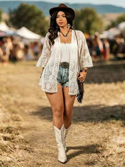 LanaWest CURVE Plus Size Women Loose Lace Sheer Cardigan Top