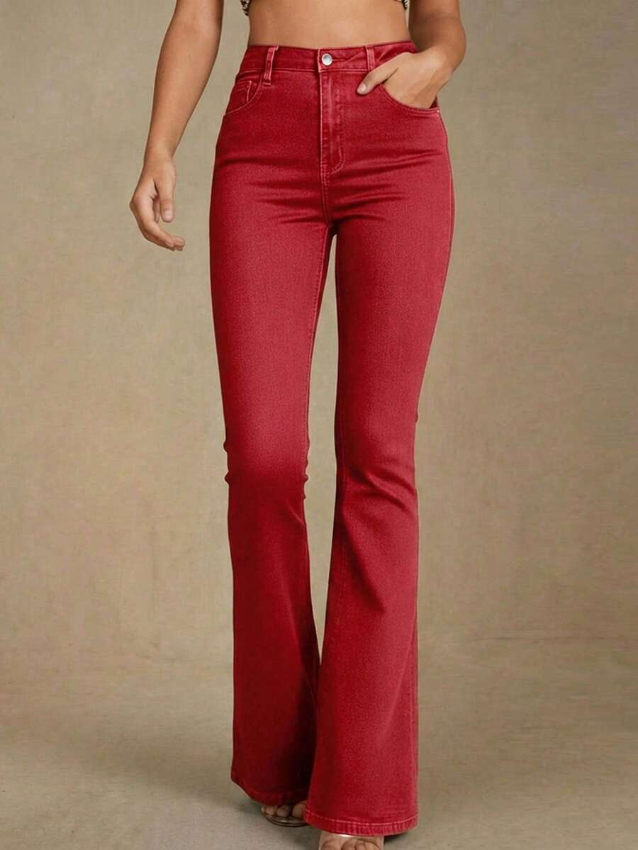 Selenza Women's Street Style Pocketed Flare Leg Jeans - Red - View 1