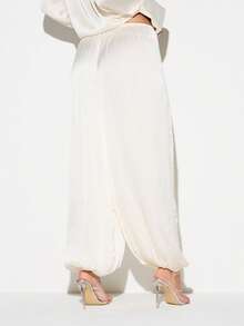 KIZN Quần ống rộng cạp cao bằng vải satin nhăn dành cho nữ, kiểu dáng rộng rãi thoải mái, có dây rút ở eo, kiểu quần palazzo cho mùa xuân hè. - trắng - Xem 5