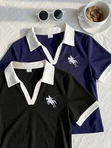 Set de 3 camisetas de manga larga ajustadas de unicolor, elegantes y casuales, versátiles y fáciles de combinar para adolescentes - Negro - Ver 5