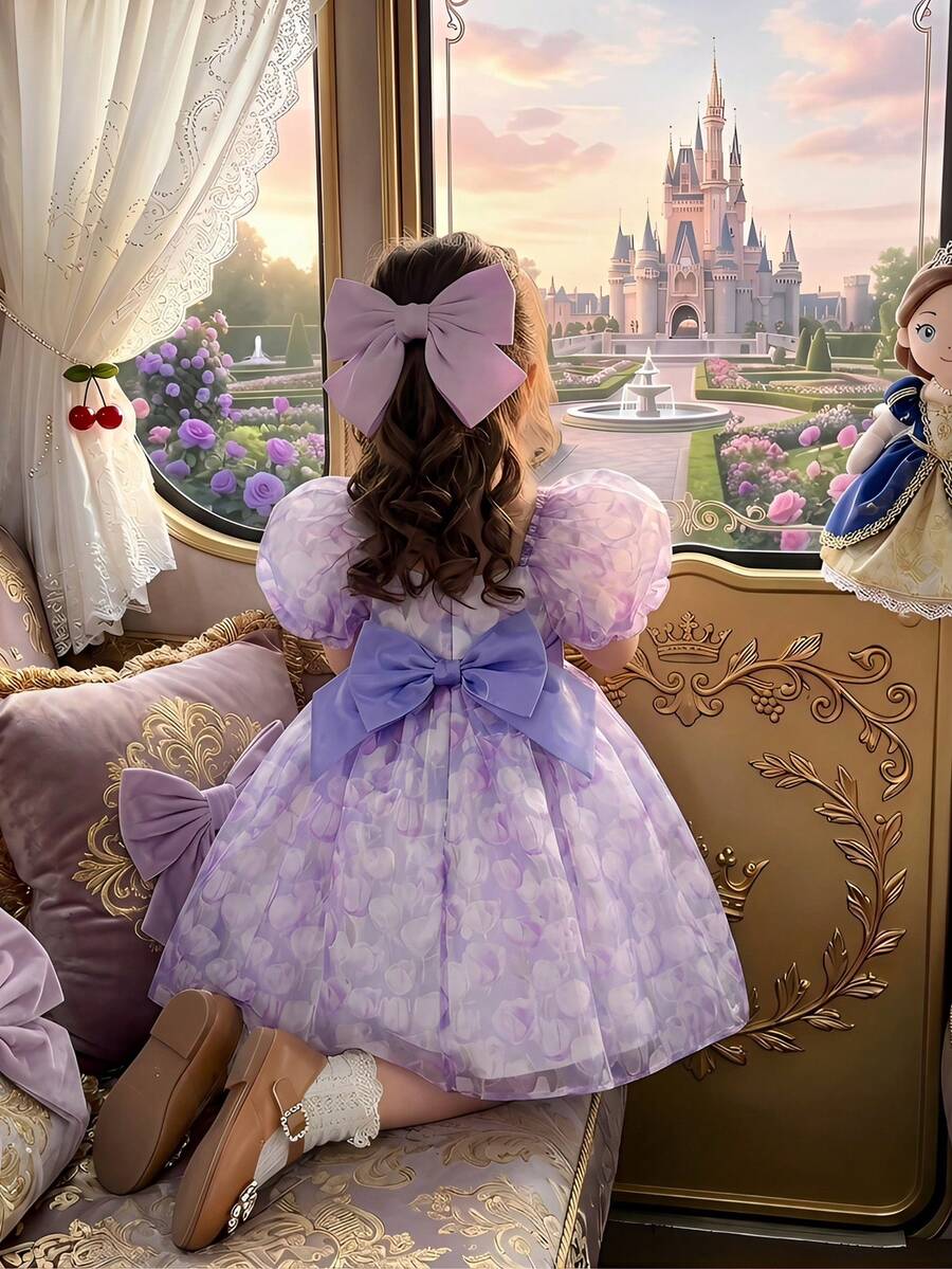 SHEIN 少女雪纺碎花方领泡泡袖蝴蝶结休闲连衣裙 - 彩色 - 查看 1