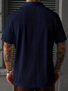 SLATEMANN Plus Size Men's Solid Color Textured Knit Jacquard Short Sleeve Shirt - Royal Blue - View 2