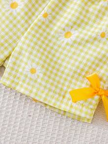 SHEIN Bộ áo và quần không tay kẻ caro thêu hoa dễ thương cho bé gái, thích hợp cho mùa xuân/hè. - Màu vàng - Xem 3