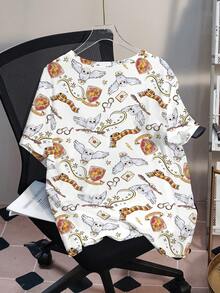 HARRY POTTER X SHEIN Plus Size Women Cartoon Print Casual Versatile Daily Wear Short Sleeve T-Shirt - White - View 2