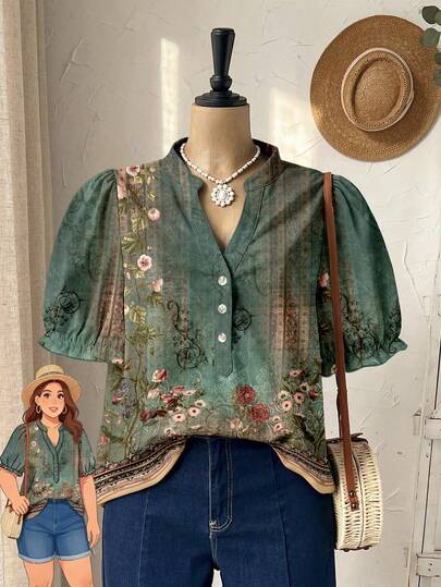 Rusticease Damen Große Größen Sommer Lässig Urlaub Landhaus Elegant Europäischer Retro Blume Muster Locker Sitzende V-Ausschnitt Kurzarm Bluse, geeignet für Frühlingsferien, Urlaub, Ausflüge, Neuer Stil 2026, einfach und modisch, bequem für den täglichen Gebrauch, Lässig Urlaubs Boho Stil Oberteil, Retro Damen Oberteil, geeignet für Sommer, Urlaub, Pendeln, Alltag und Ausflüge.