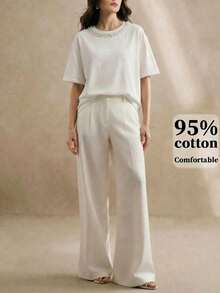 Anewsta Camiseta elegante de mujer con adornos de strass, adecuada para el uso diario - Blanco - Ver 3