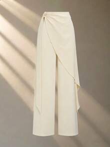 GlowEve New Women's Woven Belt With Ribbon Design, Wide Leg Style, Elegant & Casual Daily Wear Pants For Spring/Autumn - Apricot - View 4